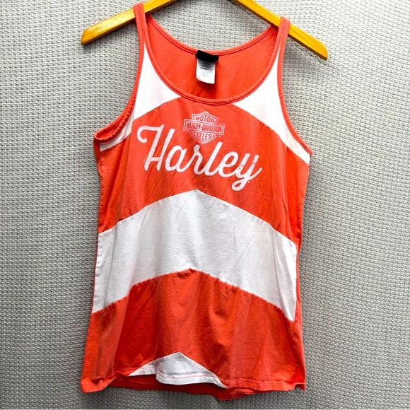 Harley Davidson Atlanta Georgia Coral Striped Tank Top XL Made USA Angel Wings - Picture 1 of 7